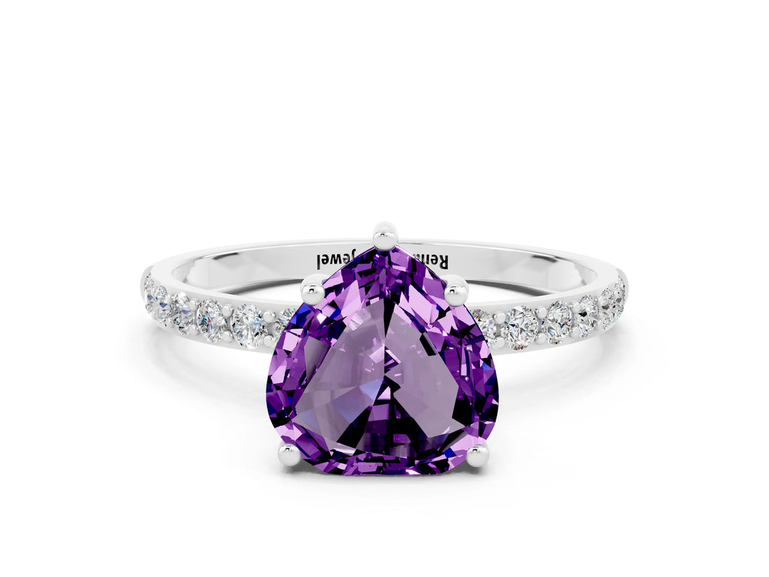 White gold Heart Cut Amethyst Solitaire Ring with Pave Band and Four Prong Setting_24