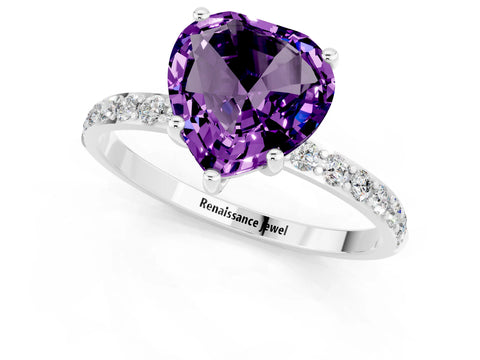 White gold Heart Cut Amethyst Solitaire Ring with Pave Band and Four Prong Setting_25