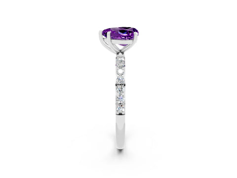 White gold Heart Cut Amethyst Solitaire Ring with Pave Band and Four Prong Setting_26