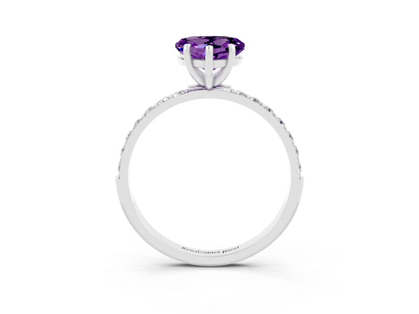 White gold Heart Cut Amethyst Solitaire Ring with Round  Pavé Band and Prong Setting