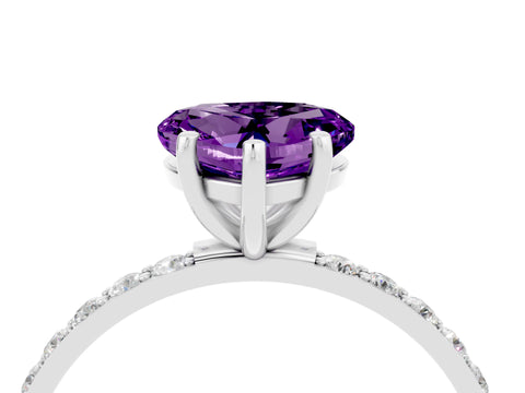 White gold Heart Cut Amethyst Solitaire Ring with Pave Band and Four Prong Setting_28