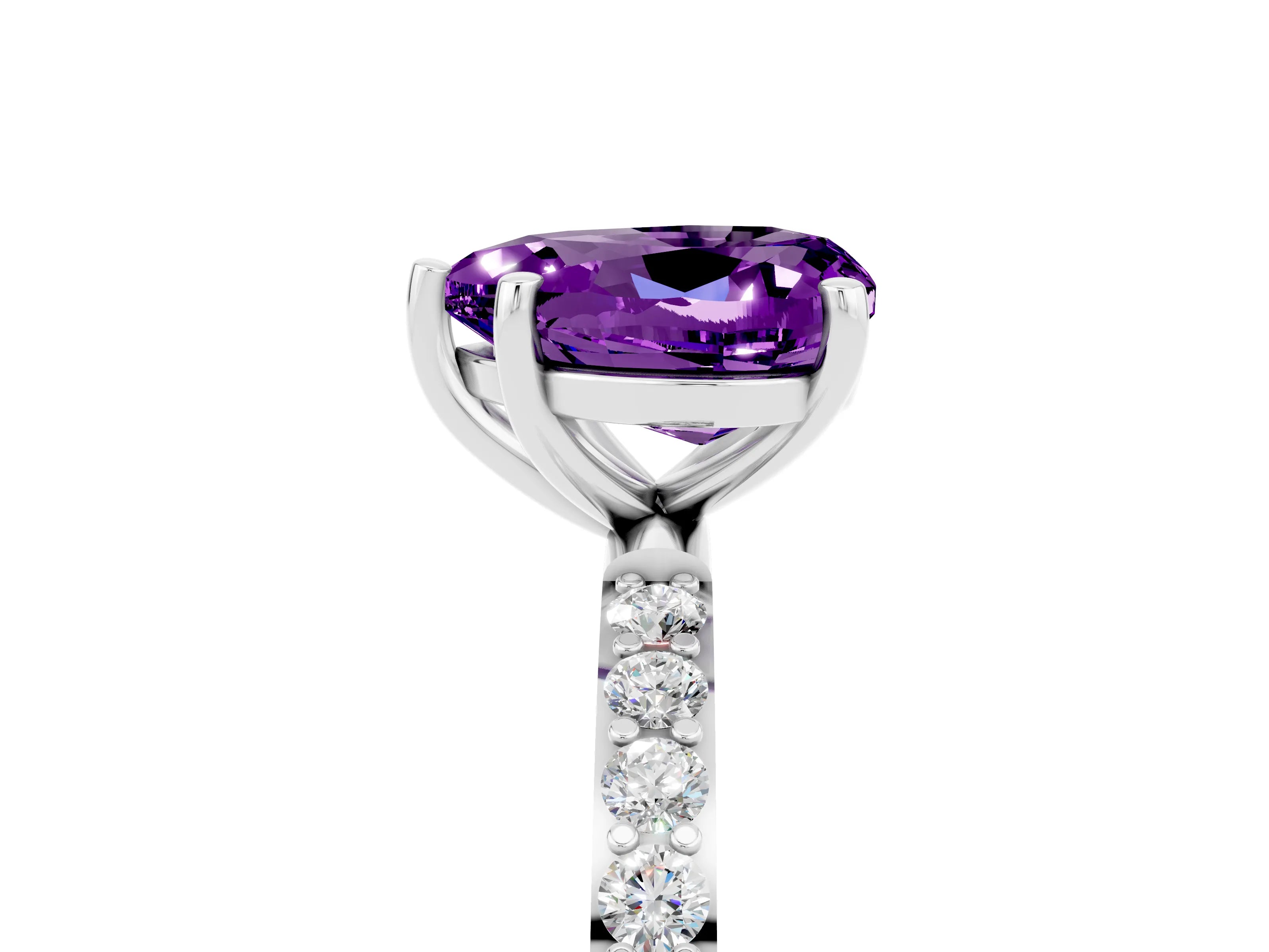 White gold Heart Cut Amethyst Solitaire Ring with Pave Band and Four Prong Setting_29