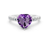 White gold Heart Cut Amethyst Solitaire Ring with Round  Pavé Band and Four-Prong Setting_48