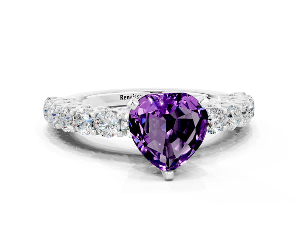 Platinum Heart Cut Amethyst Solitaire Ring with Shared Prong Pavé Band and Four-Prong Setting