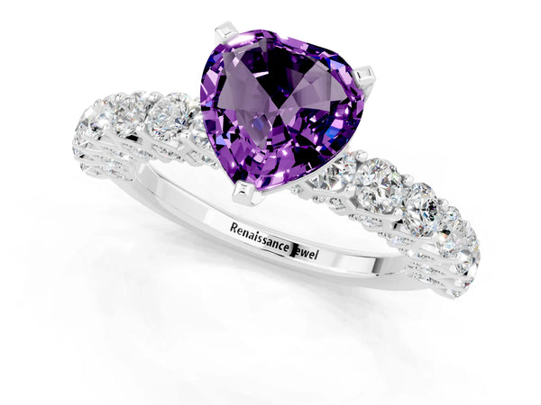 White gold Heart Cut Amethyst Solitaire Ring with Shared Prong Pavé Band and Four-Prong Setting