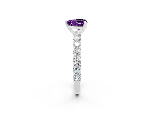 White gold Heart Cut Amethyst Solitaire Ring with Shared Prong Pavé Band and Four-Prong Setting