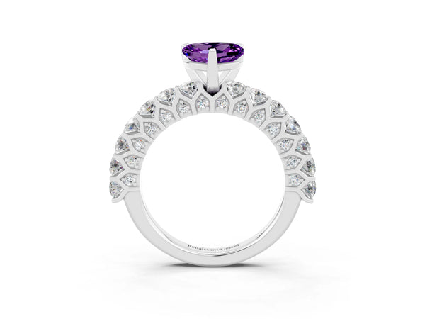 Platinum Heart Cut Amethyst Solitaire Ring with Shared Prong Pavé Band and Four-Prong Setting