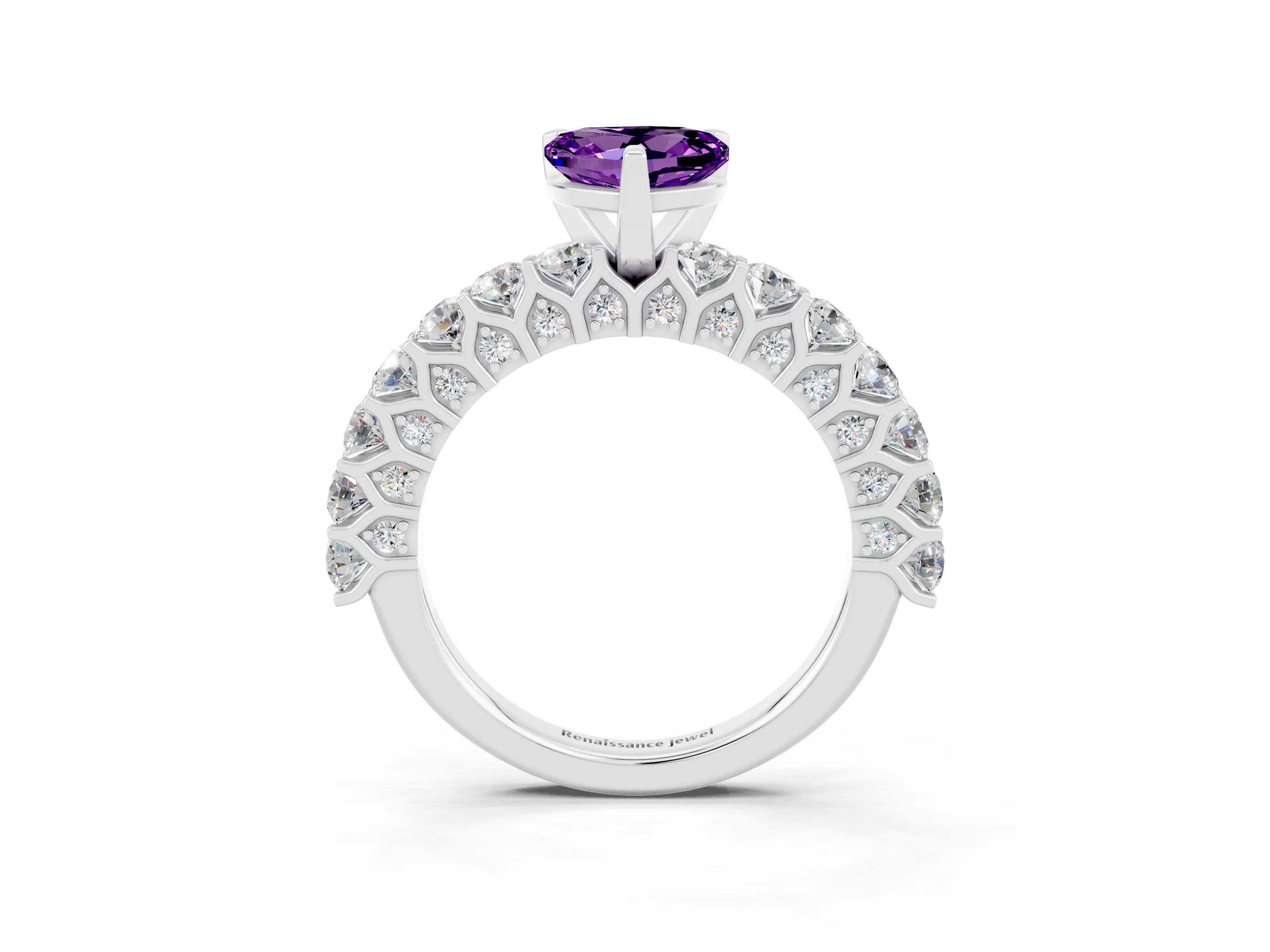 White gold Heart Cut Amethyst Solitaire Ring with Shared Prong Pavé Band and Four-Prong Setting_15
