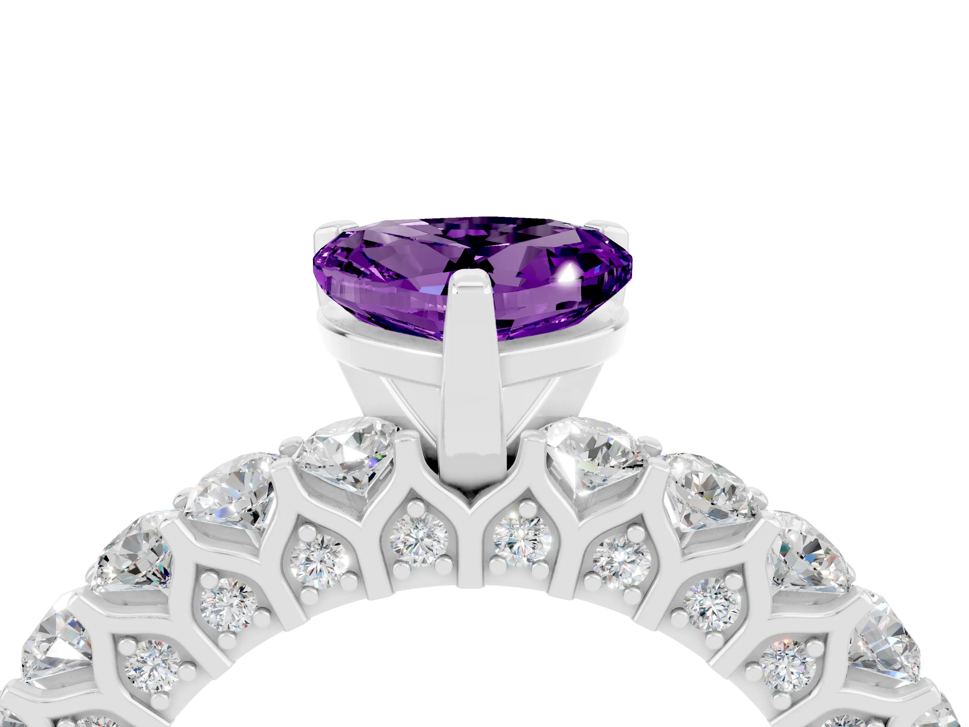 White gold Heart Cut Amethyst Solitaire Ring with Shared Prong Pavé Band and Four-Prong Setting_16