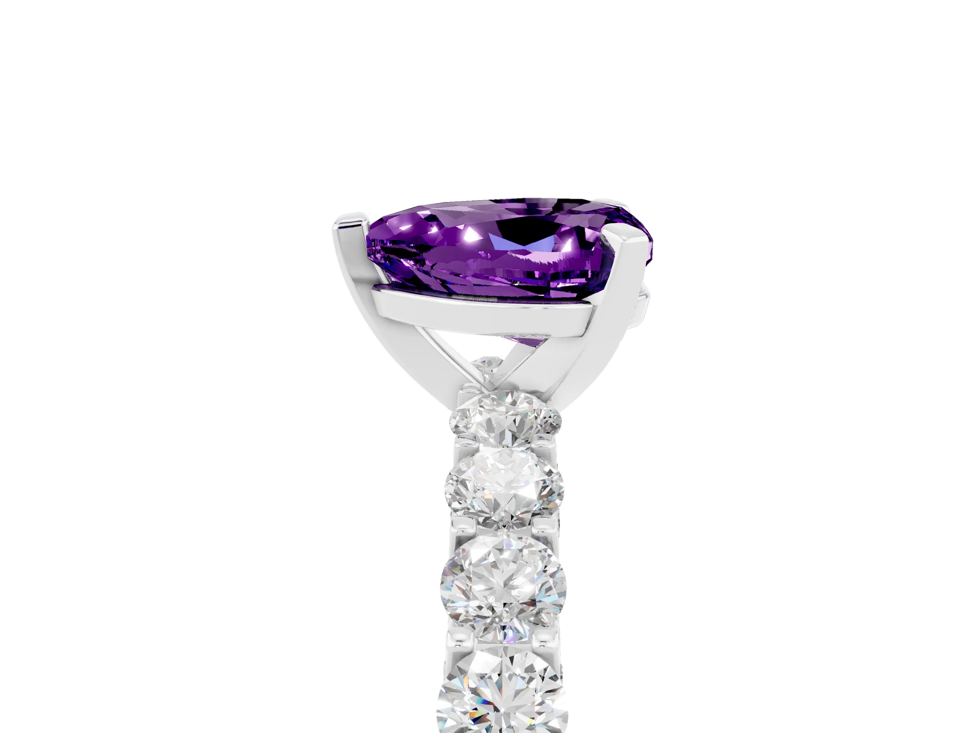 White gold Heart Cut Amethyst Solitaire Ring with Shared Prong Pavé Band and Four-Prong Setting_17