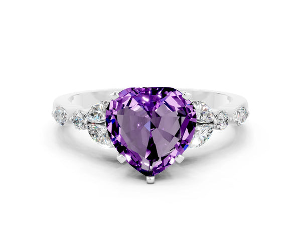 Silver Heart Cut Amethyst Solitaire Ring with Side Stones and Four-Prong Setting