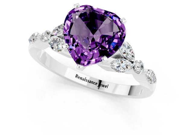 Platinum Heart Cut Amethyst Solitaire Ring with Side Stones and Four-Prong Setting