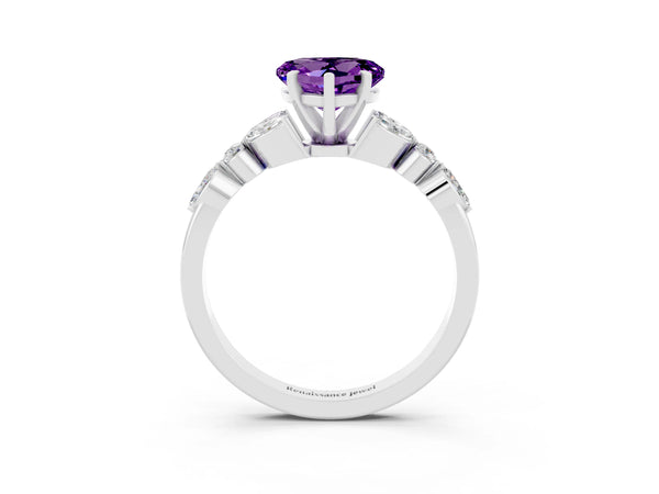 Silver Heart Cut Amethyst Solitaire Ring with Side Stones and Four-Prong Setting