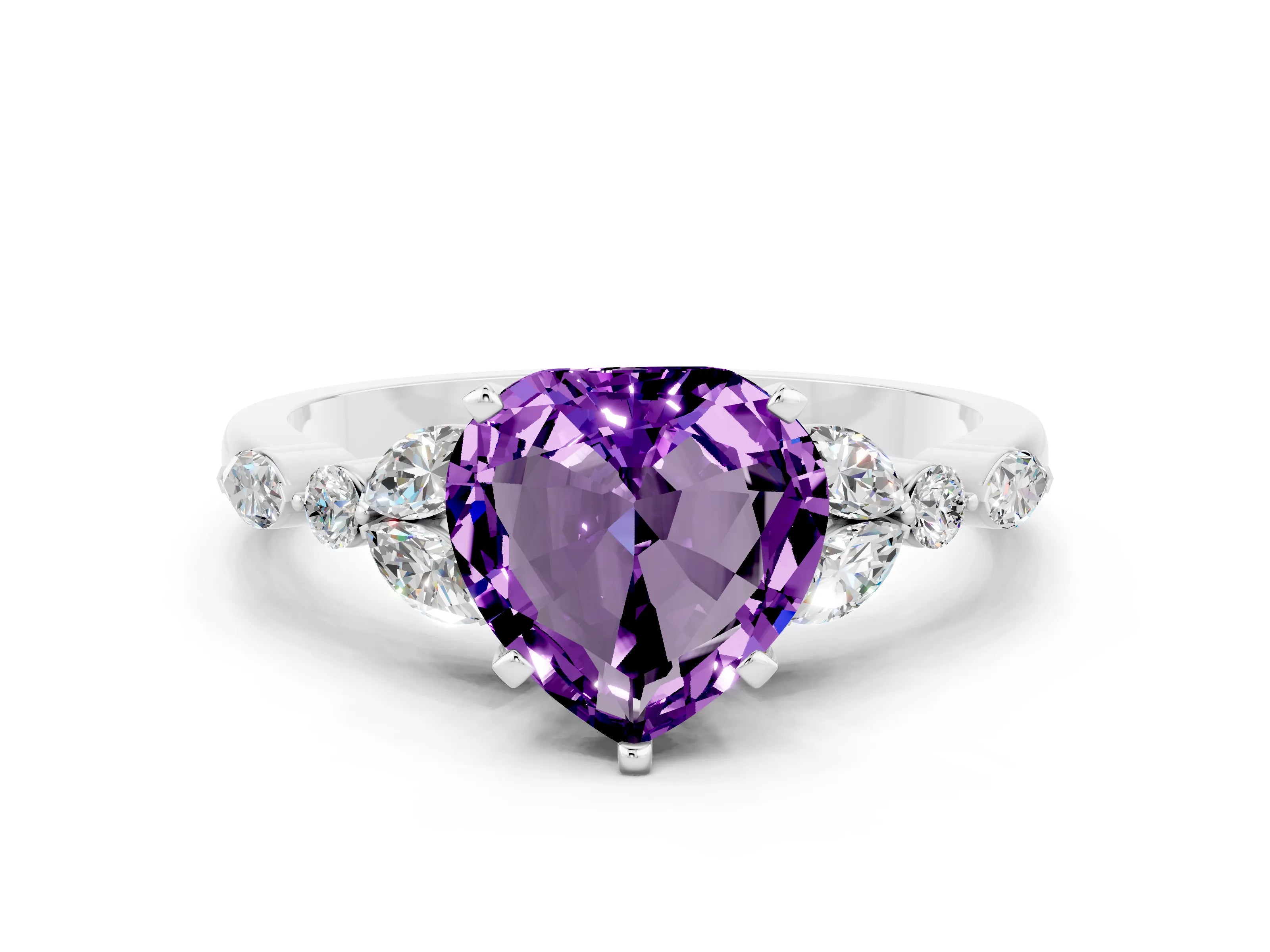 White gold Heart Cut Amethyst Solitaire Ring with Side Stones and Four-Prong Setting_42
