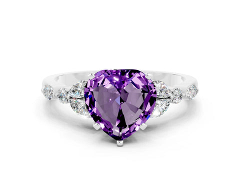 White gold Heart Cut Amethyst Solitaire Ring with Side Stones and Four-Prong Setting_42
