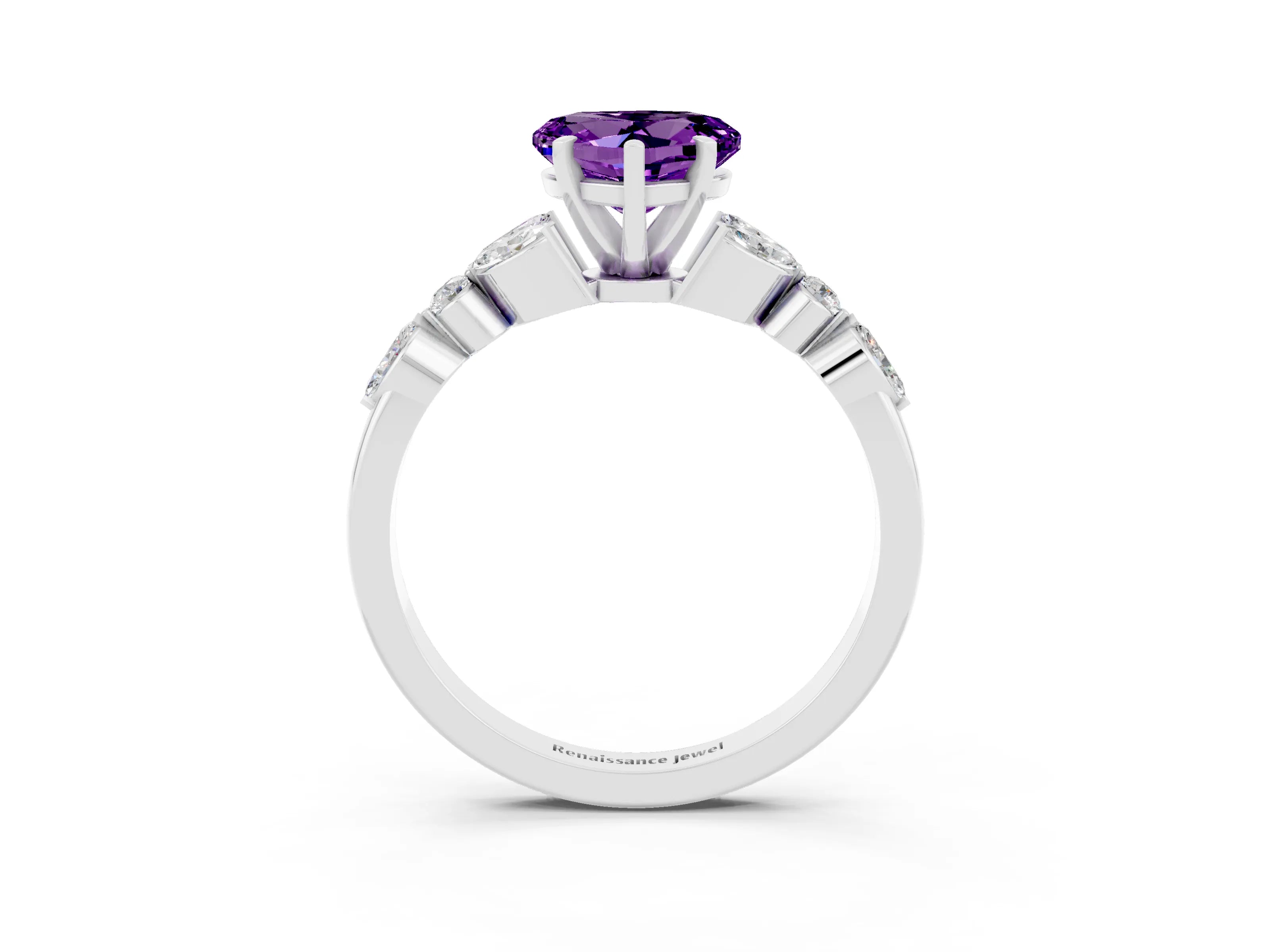 White gold Heart Cut Amethyst Solitaire Ring with Side Stones and Four-Prong Setting_45