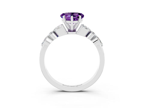 White gold Heart Cut Amethyst Solitaire Ring with Side Stones and Four-Prong Setting_45