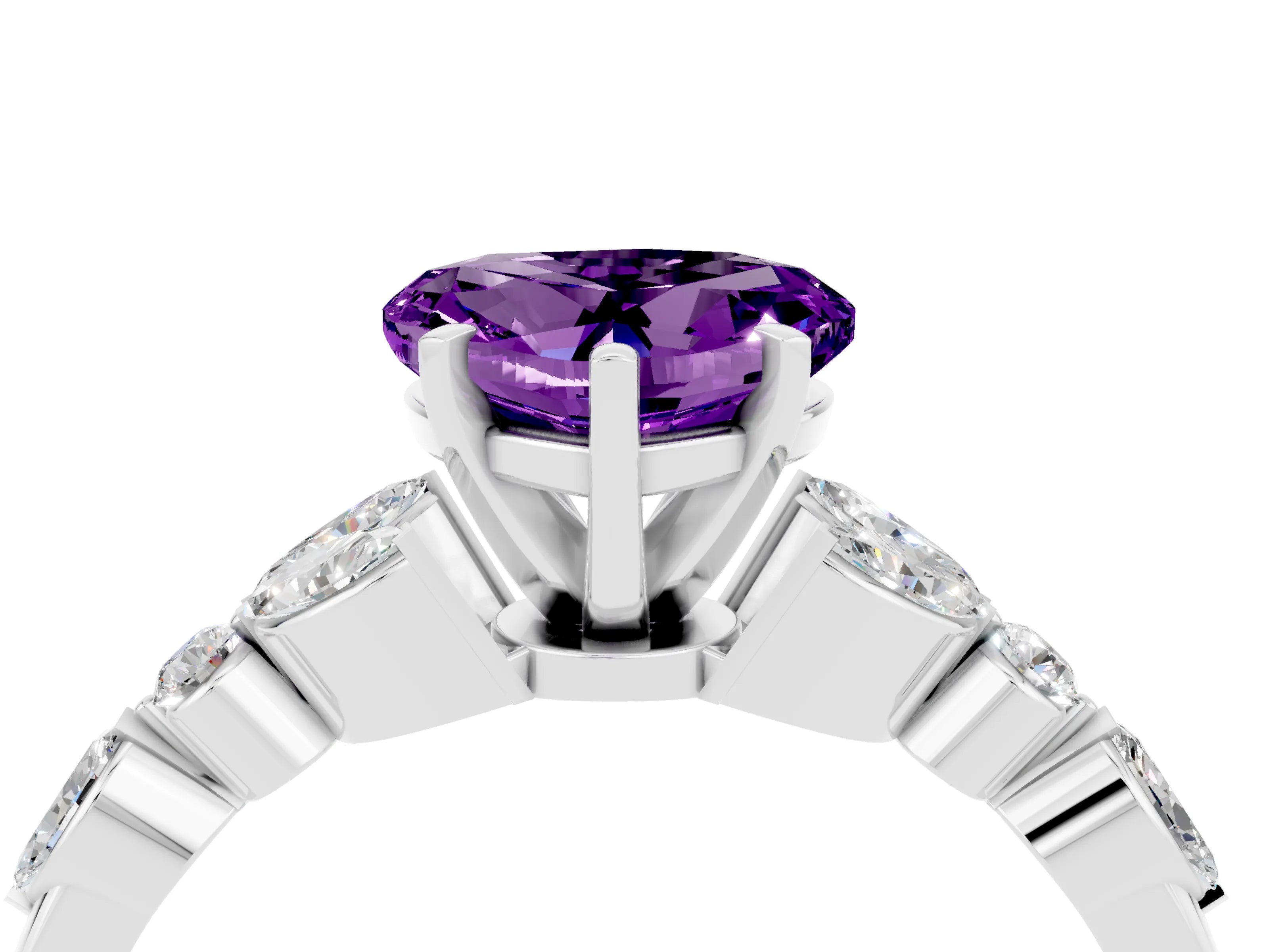 White gold Heart Cut Amethyst Solitaire Ring with Side Stones and Four-Prong Setting_46
