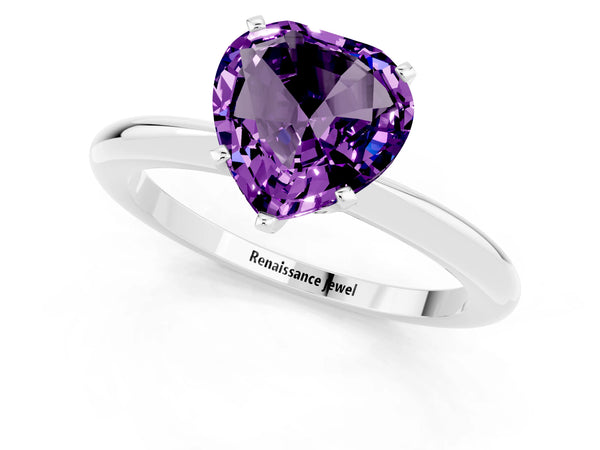 Platinum Heart Cut Amethyst Solitaire Ring with Six-Prong Setting and Classic Band