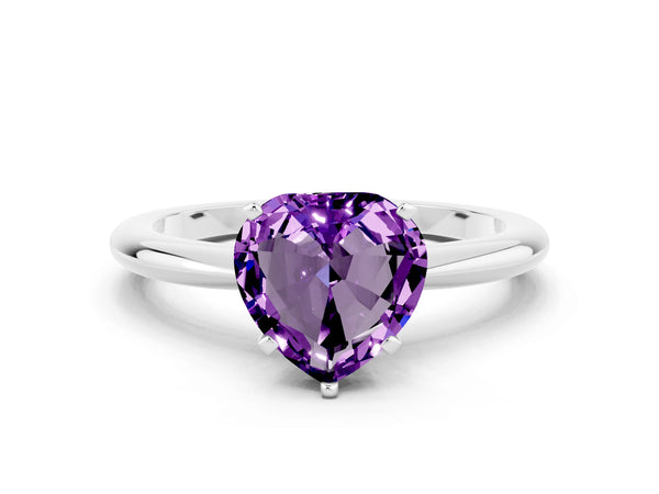 White gold Heart Cut Amethyst Solitaire Ring with Six-Prong Setting and Classic Band
