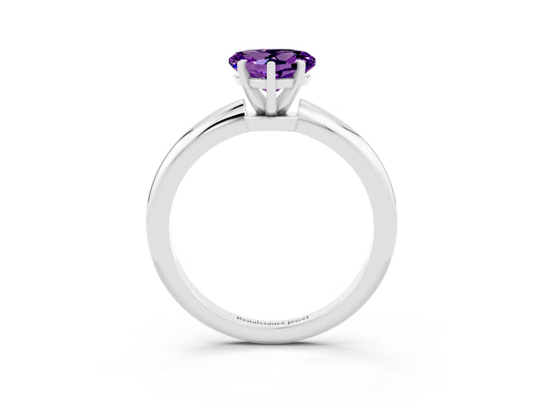 Silver Heart Cut Amethyst Solitaire Ring with Six-Prong Setting and Classic Band