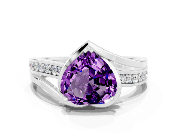 Platinum Heart Cut Amethyst Solitaire Ring with Split Shank and Prong Setting