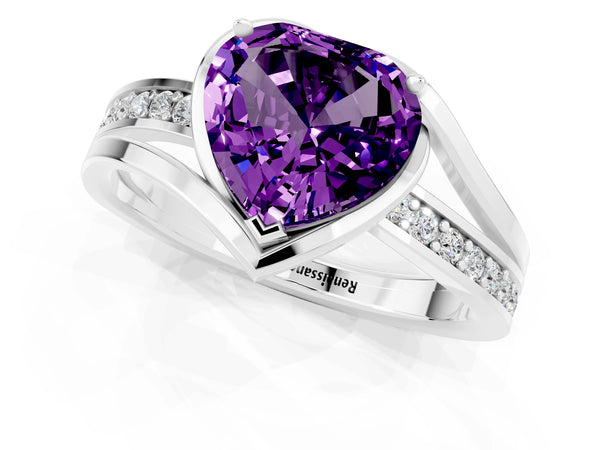 Platinum Heart Cut Amethyst Solitaire Ring with Split Shank and Prong Setting