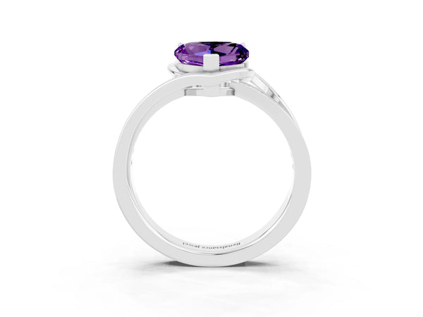 Silver Heart Cut Amethyst Solitaire Ring with Split Shank and Prong Setting