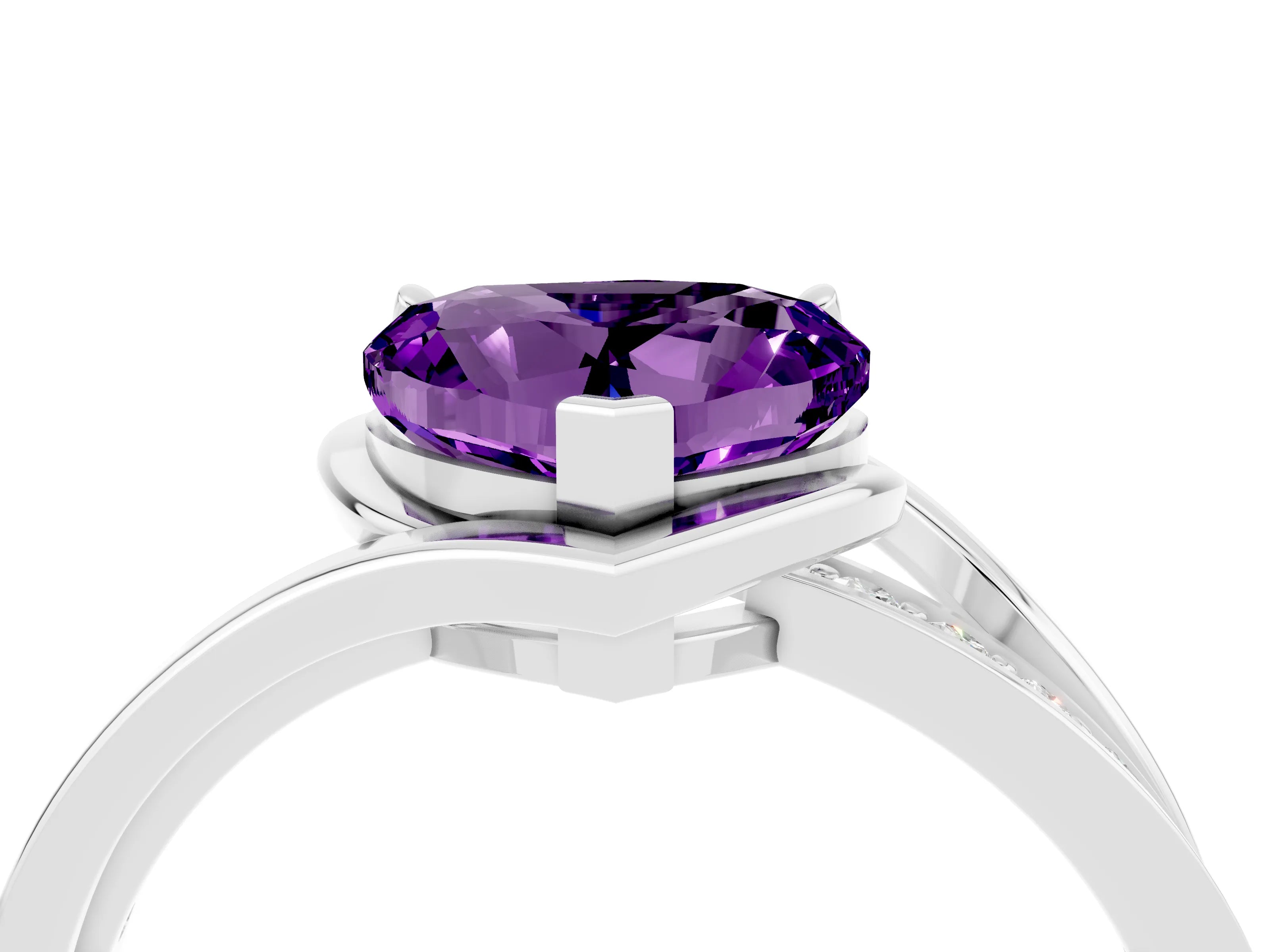 White gold Heart Cut Amethyst Solitaire Ring with Split Shank and Prong Setting_4