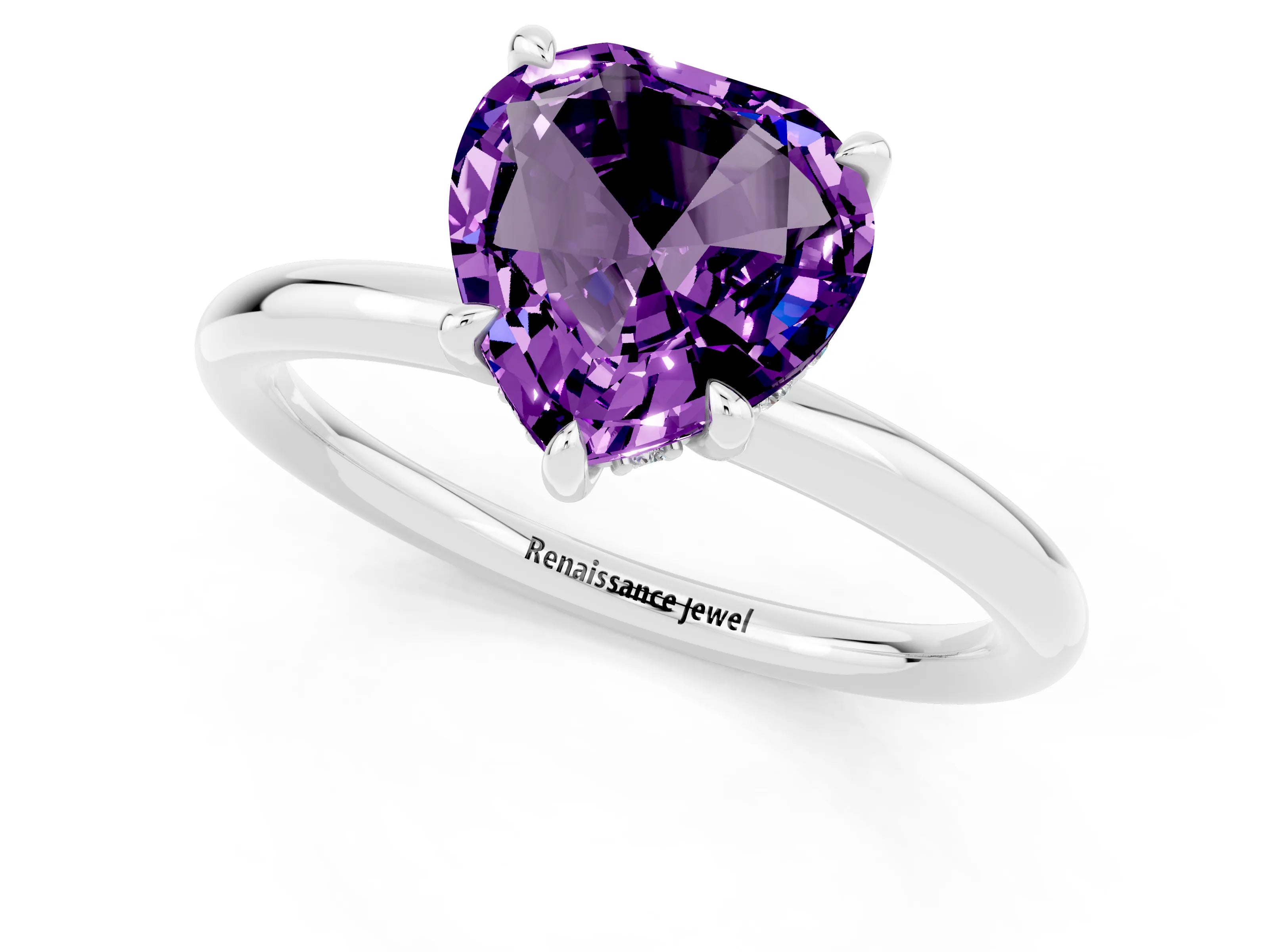 White gold Heart Cut Amethyst Solitaire Ring with Thin Band and Four-Prong Setting_1