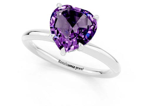 White gold Heart Cut Amethyst Solitaire Ring with Thin Band and Four-Prong Setting_1