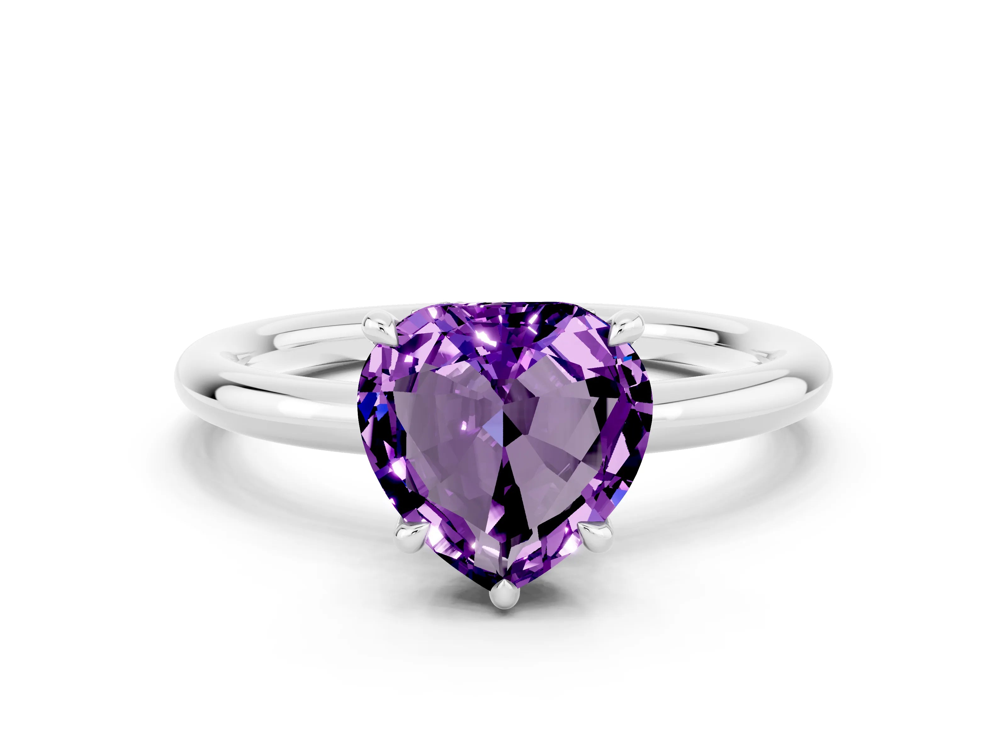 White gold Heart Cut Amethyst Solitaire Ring with Thin Band and Four-Prong Setting