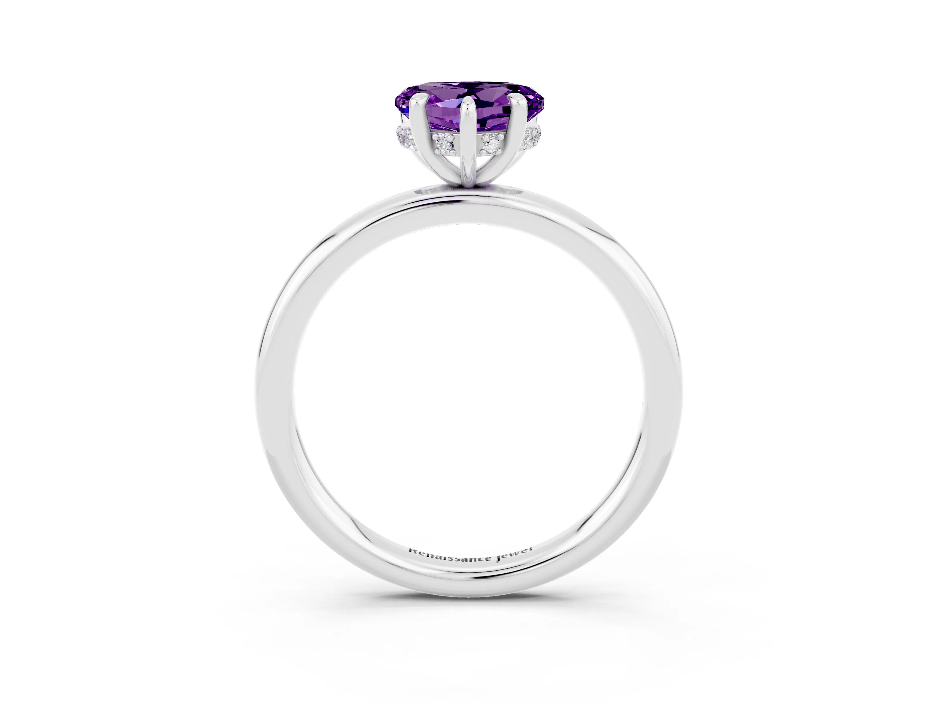 White gold Heart Cut Amethyst Solitaire Ring with Thin Band and Four-Prong Setting_3