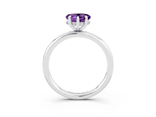 White gold Heart Cut Amethyst Solitaire Ring with Thin Band and Four-Prong Setting