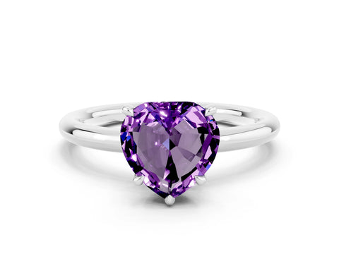 White gold Heart Cut Amethyst Solitaire Ring with Thin Band and Four-Prong Setting