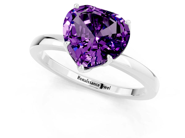 Platinum Heart Cut Amethyst Solitaire Ring with Thin Band and Prong Setting