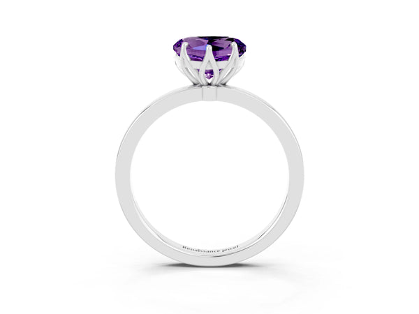 Platinum Heart Cut Amethyst Solitaire Ring with Thin Band and Prong Setting
