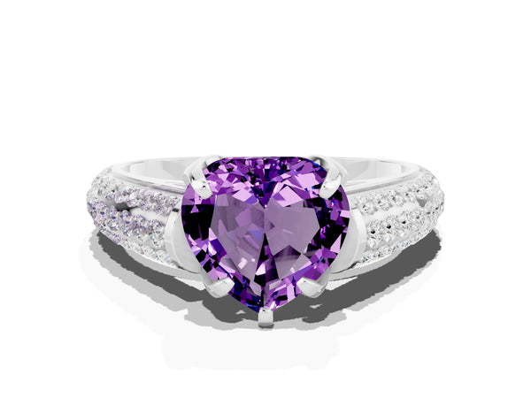 Silver Heart Cut Amethyst Solitaire Ring with Three-Row Pavé Band and Four-Prong Setting