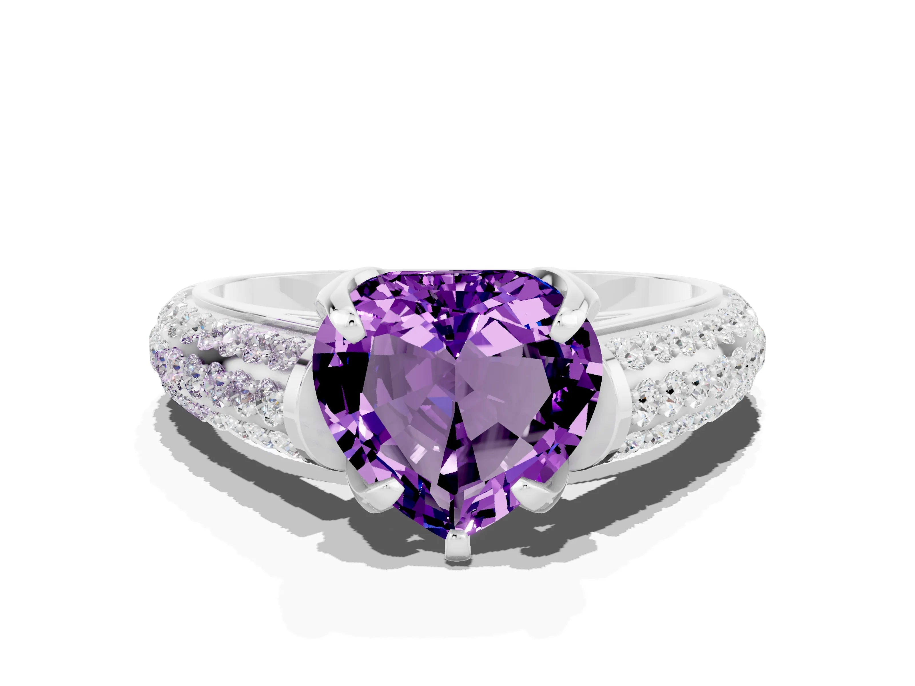 White gold Heart Cut Amethyst Solitaire Ring with Three-Row Pavé Band and Four-Prong Setting_12