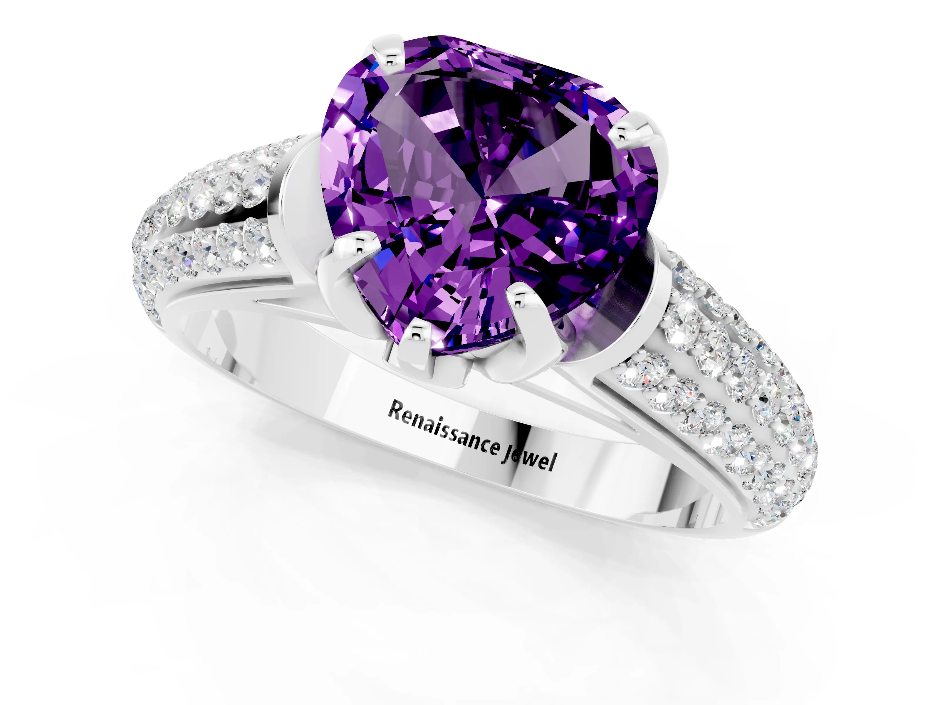 White gold Heart Cut Amethyst Solitaire Ring with Three-Row Pavé Band and Four-Prong Setting_13