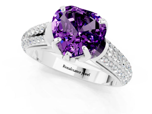 Silver Heart Cut Amethyst Solitaire Ring with Three-Row Pavé Band and Four-Prong Setting