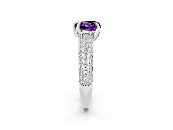 Platinum Heart Cut Amethyst Solitaire Ring with Three-Row Pavé Band and Four-Prong Setting