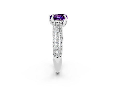 White gold Heart Cut Amethyst Solitaire Ring with Three-Row Pavé Band and Four-Prong Setting_14