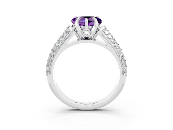 Silver Heart Cut Amethyst Solitaire Ring with Three-Row Pavé Band and Four-Prong Setting