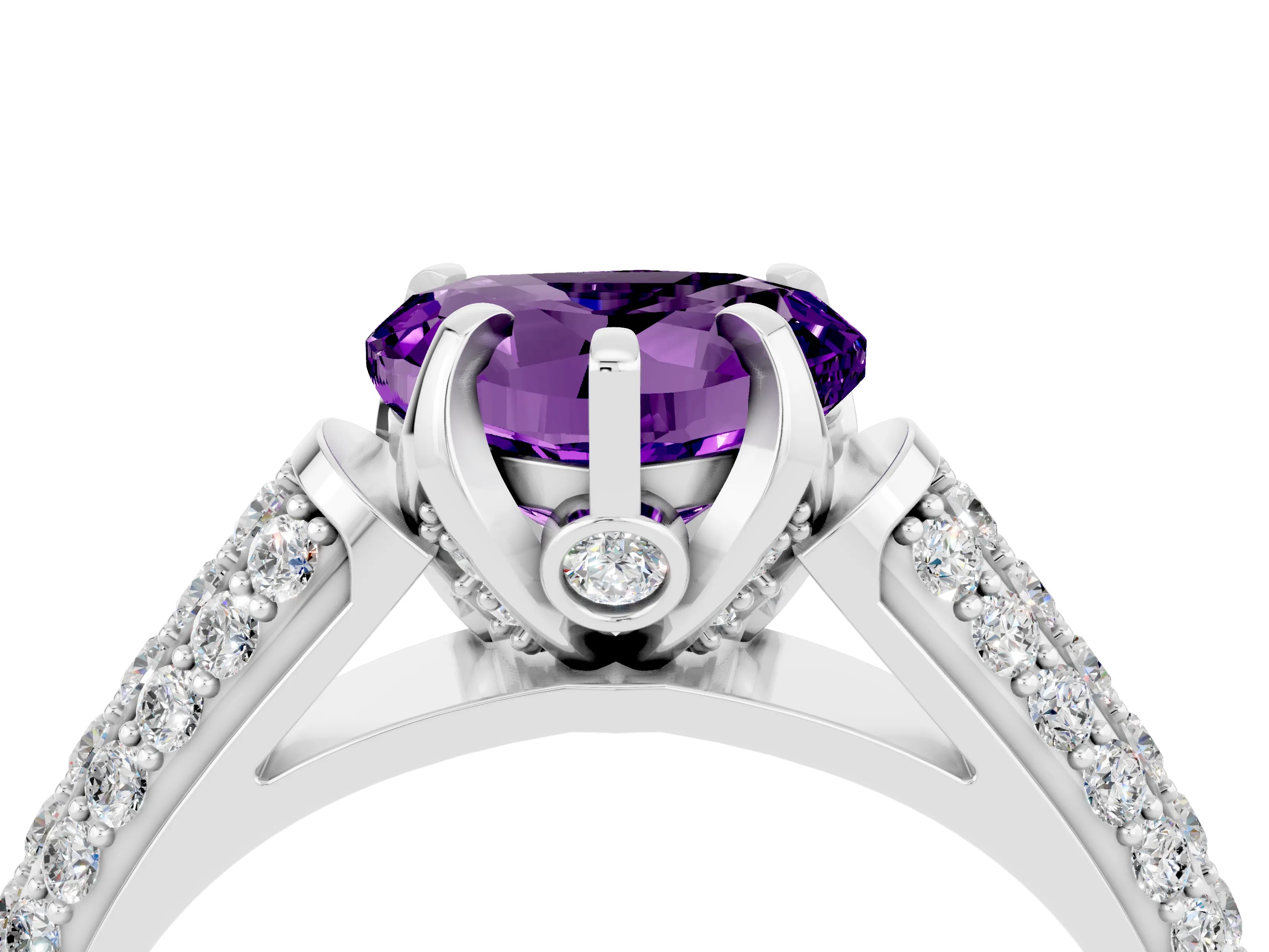 White gold Heart Cut Amethyst Solitaire Ring with Three-Row Pavé Band and Four-Prong Setting_16