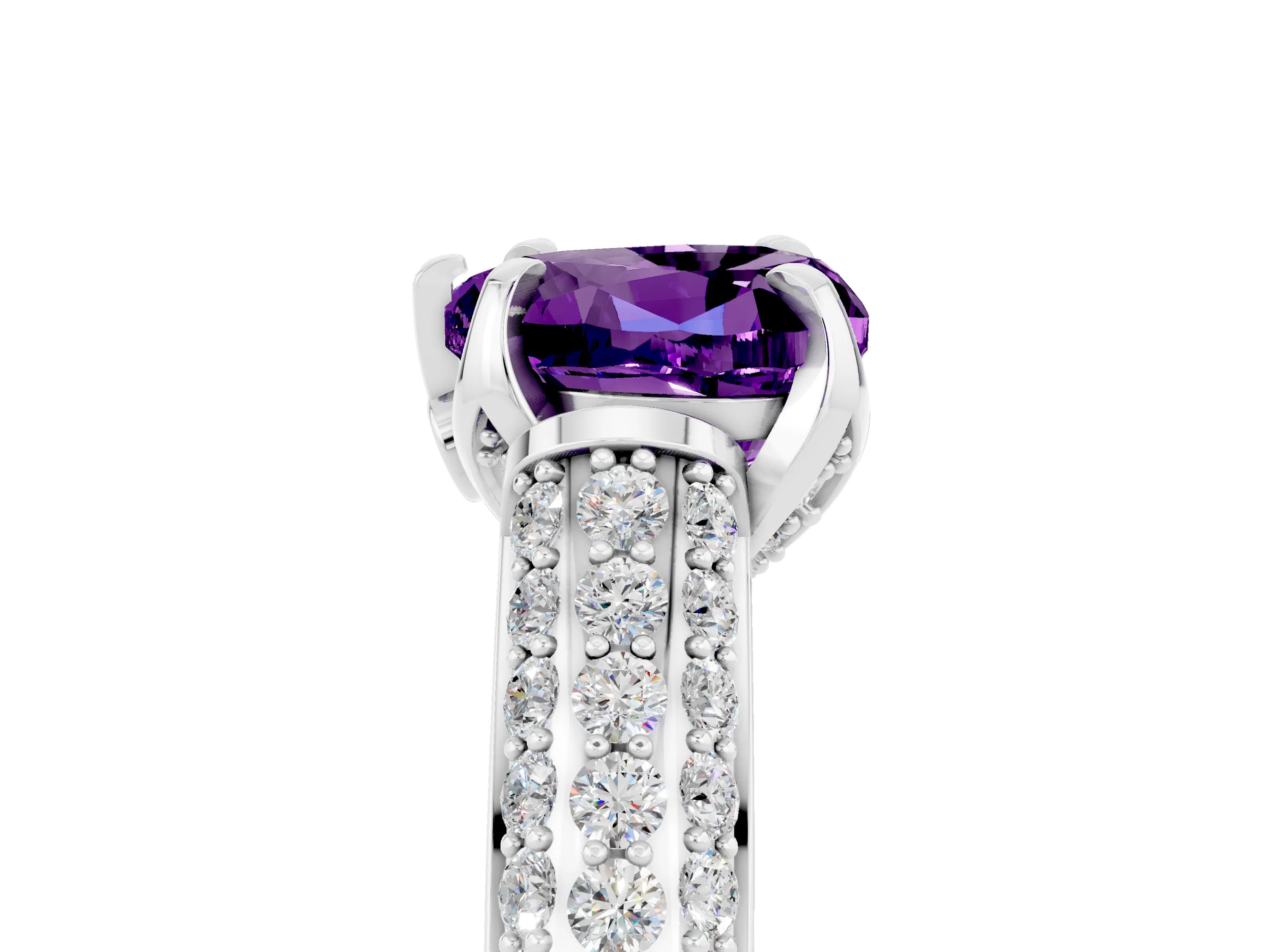 White gold Heart Cut Amethyst Solitaire Ring with Three-Row Pavé Band and Four-Prong Setting_17