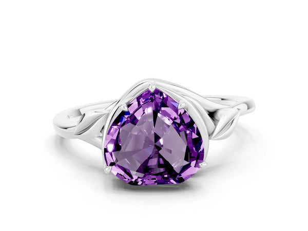 Platinum Heart Cut Amethyst Solitaire Ring with Twist Band and Four-Prong Setting