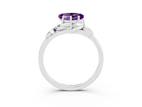 White gold Heart Cut Amethyst Solitaire Ring with Twist Band and Four-Prong Setting_15