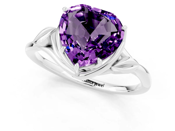White gold Heart Cut Amethyst Solitaire Ring with Twist Band and Four-Prong Setting