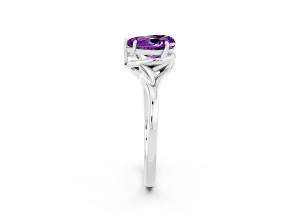 White gold Heart Cut Amethyst Solitaire Ring with Twist Band and Four-Prong Setting
